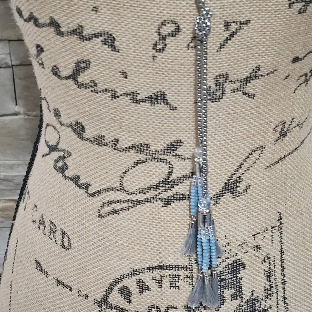 WHBM Blue Beaded Silver Tone Tassel Y Lariat Necklace